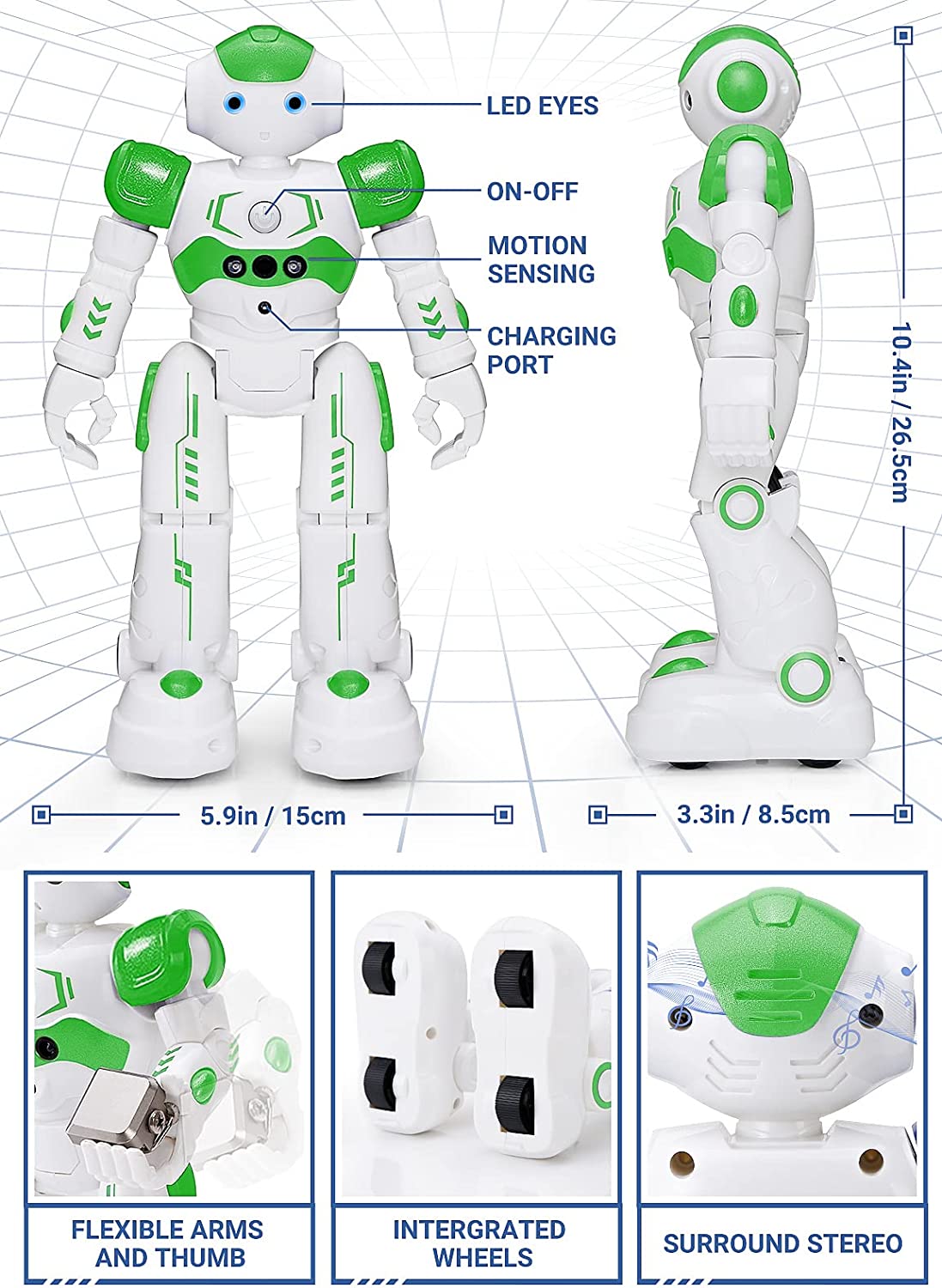Detailed feature for a remote and hand controlled kids robot. Various features are pointed out which include; flexible arms and thumb, integrated wheels, surround stereo.