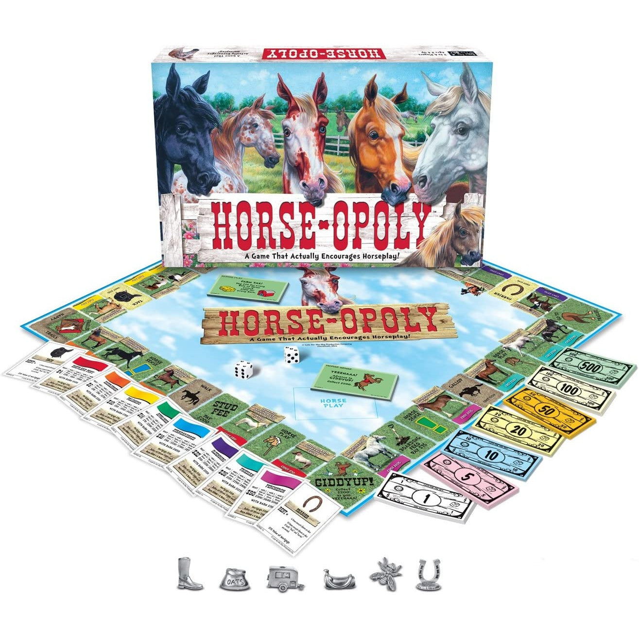 The inside contents of a board game called Horse-opoly along with the front of the box. The layout of the game is similar to Monopoly except with a horse theme.