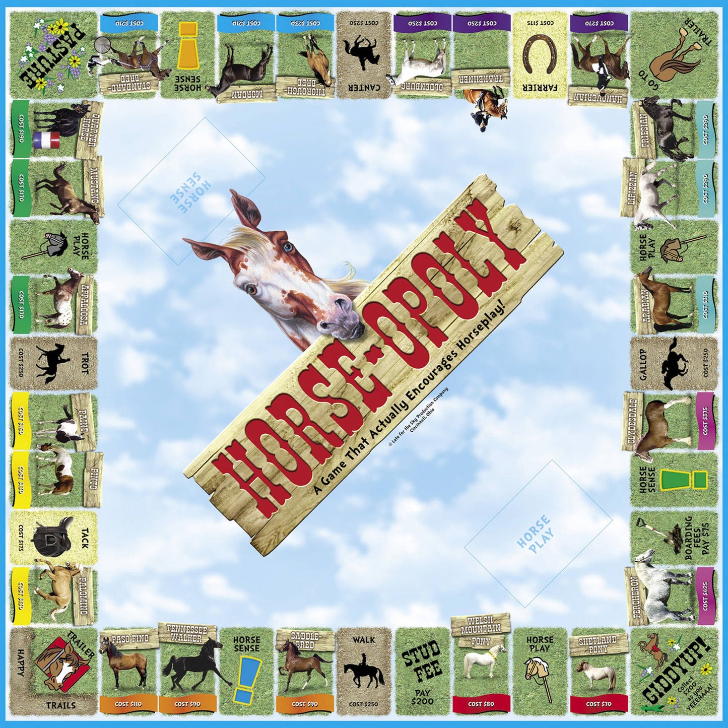 A view from above of the board game Horse-opoly.