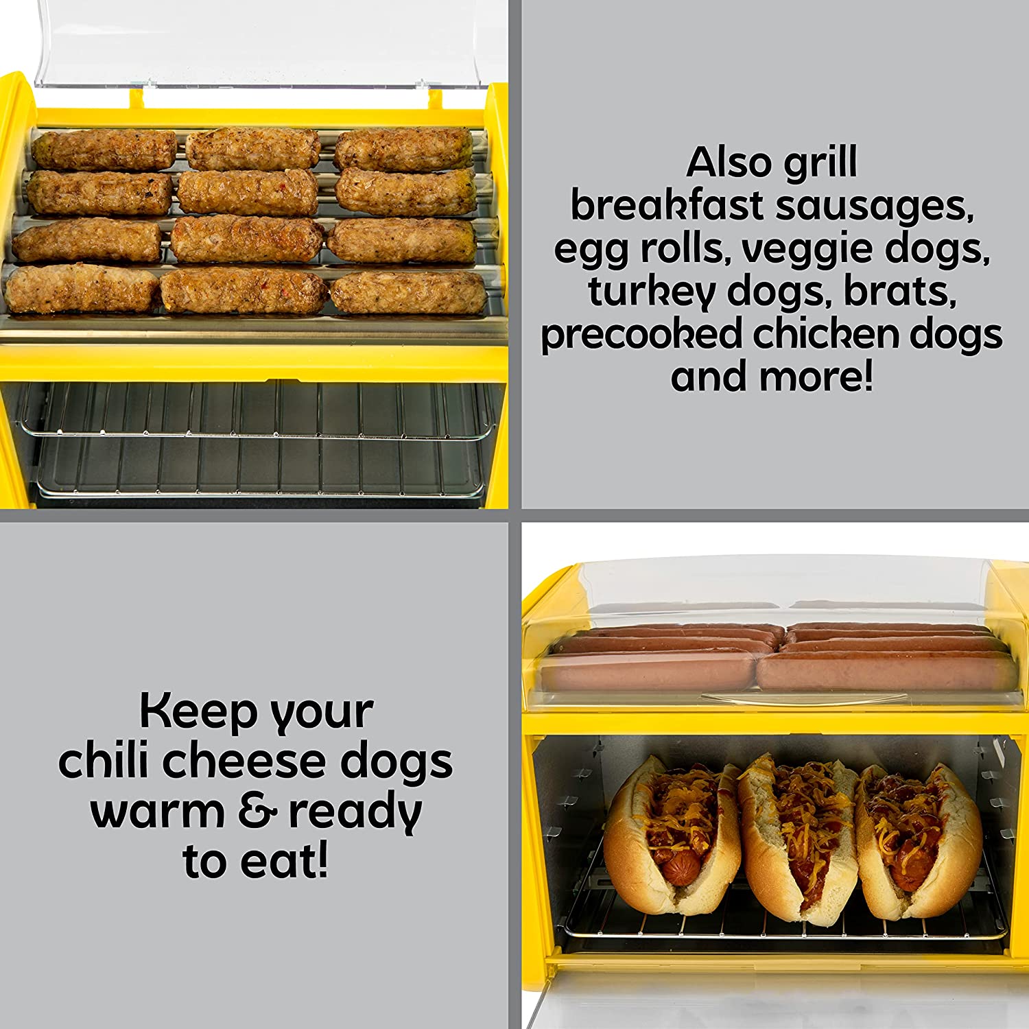 A hot dog toaster oven filled with hotdogs and another oven filled with turkey rolls cooking in a hot dog oven.