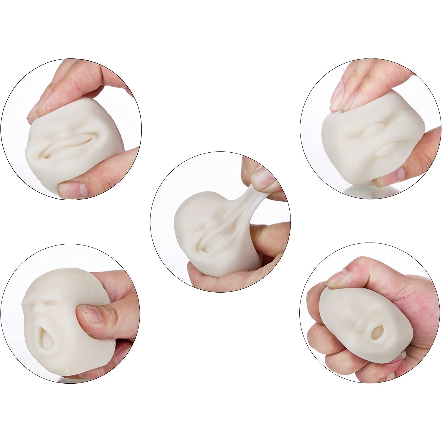 A collage of five images, each image showing a person using a human face stress ball.