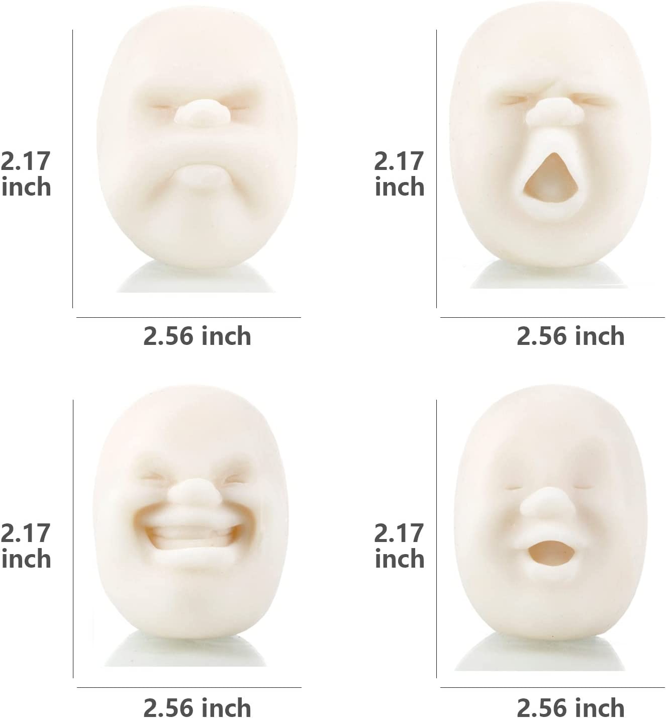 Size measurements for four human face stress balls. The measurements for all four are 2.17 inches tall and 2.56 inches wide.