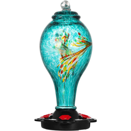 A stunning blue colored hand-blown glass hummingbird feeder.