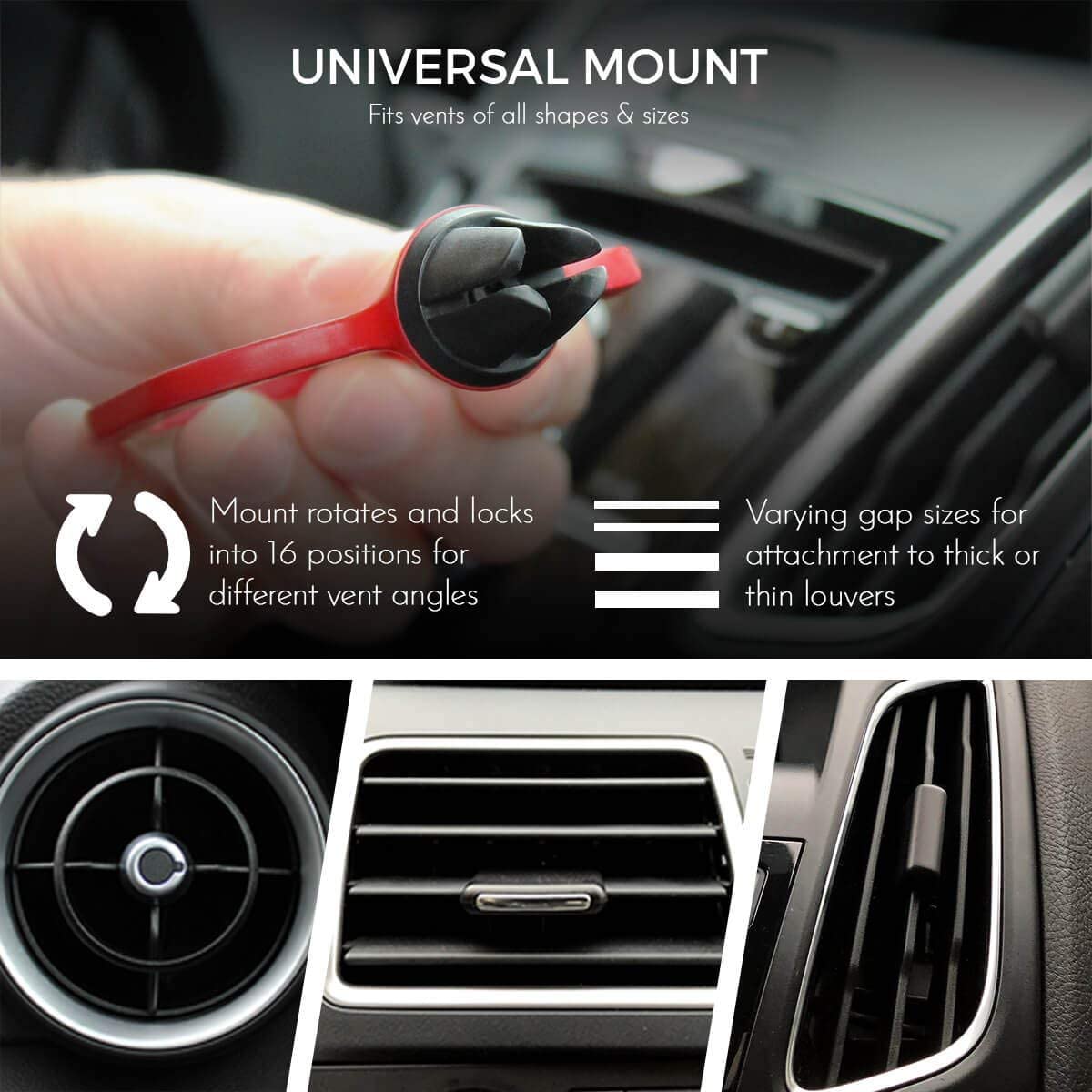 A hand is holding a single in-car sauce holder showing the clip at the back of the holder. The text reads, "Universal mount, fits vents of all shapes and sizes." There are also three examples of different car vents.