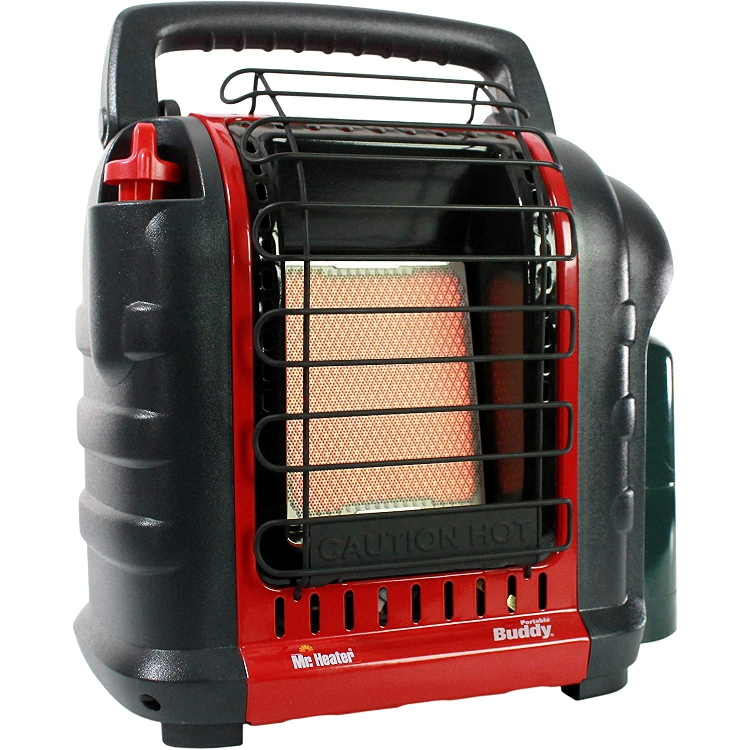 A red and black indoor outdoor propane radiant heater on a white background.