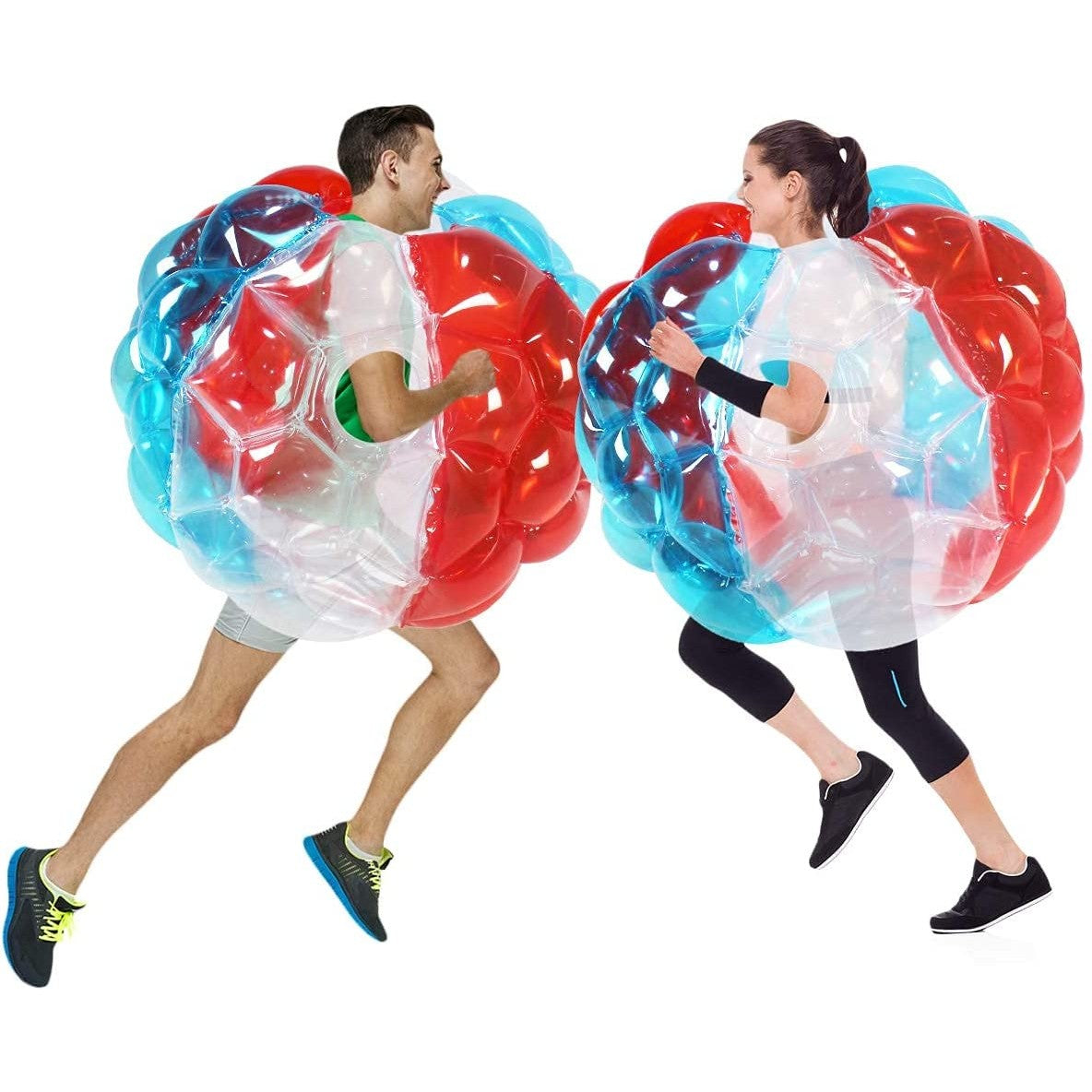 Two adults in colorful giant inflatable bubble balls bouncing into each other.