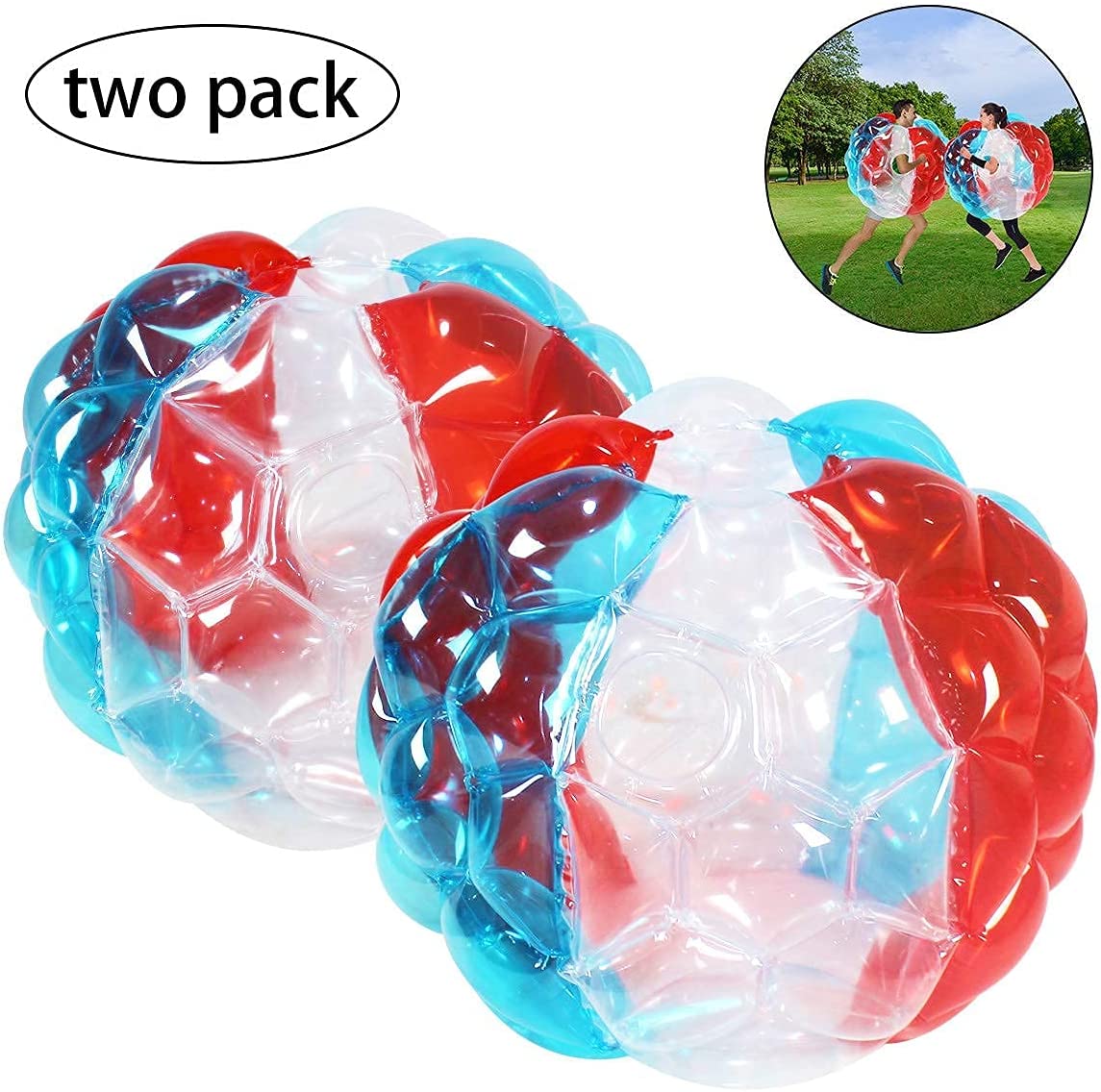 Two red, blue and white wearable inflatable bubble balls with an insert picture of two adults wearing the bubble balls outdoors.
