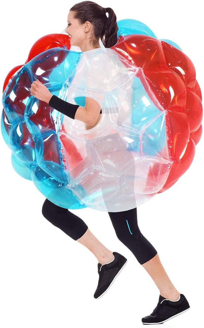 An adult woman wearing an inflatable giant bubble ball in a running pose.