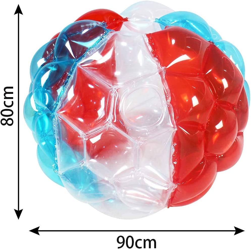 Dimensions of an inflatable wearable bubble ball which is 90 cm in width and 80 cm in height.