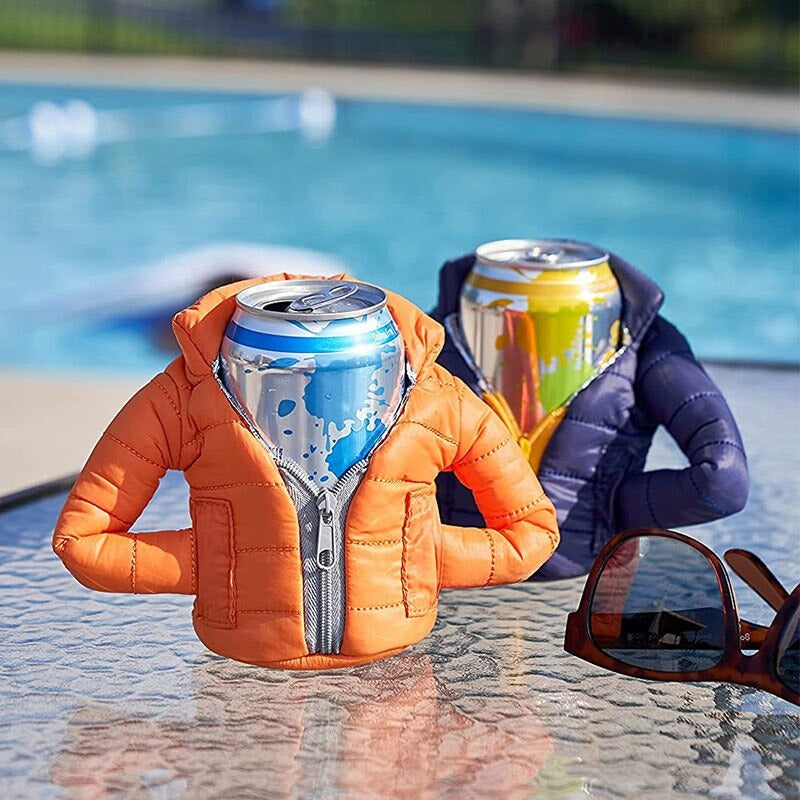Orange and purple beer can coolers which look like insulated jackets. They each have a can inside them and are out by the pool.