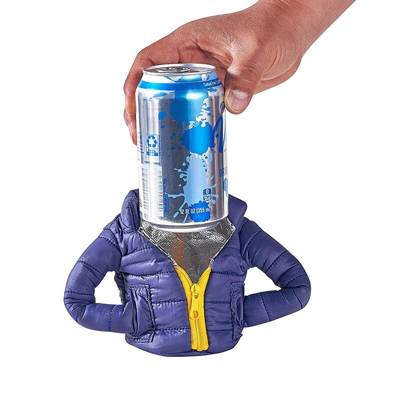 A blue with yellow zipper beer can cooler which looks like an insulated winter jacket. A hand is placing a can into the drink cooler jacket.