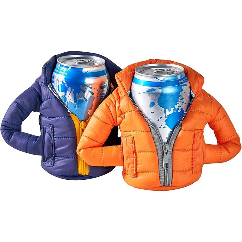 An orange and blue drink can cooler which looks like a winter parka designed to keep your drinks cool in hot weather. The can coolers both have cans inside them.