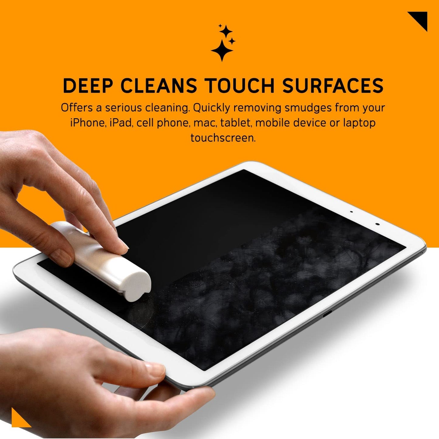 A hand is using an iroller screen cleaner to clean an iPad which is full of fingerprints.