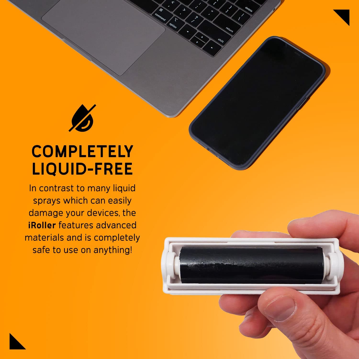 A hand is holding an iroller to show the size of the iroller itself. There is text which reads, "Completely liquid-free"