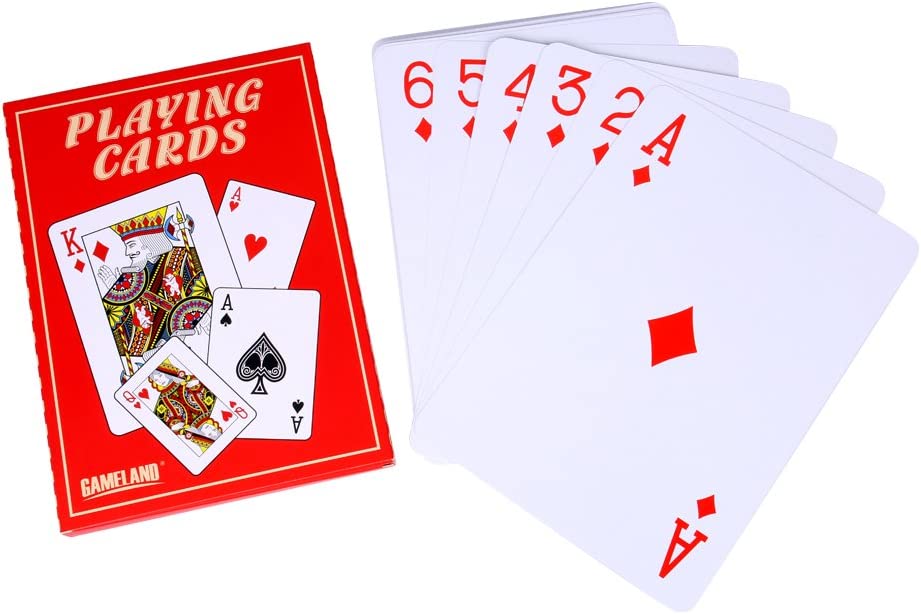 A packet of jumbo playing cards with 5 playing cards laying nearby.