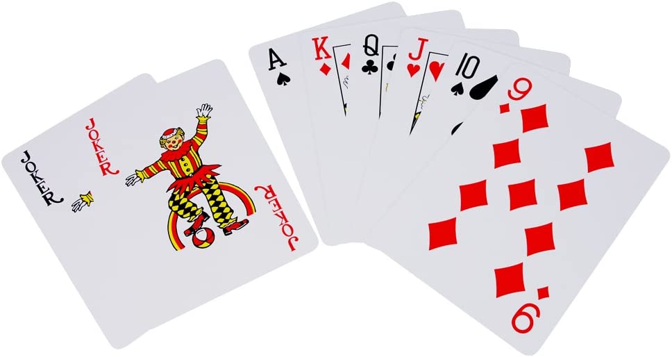 8 jumbo sized playing cards which includes 2 jokers and an Ace, King, Queen, Jack, 10 and a 9.