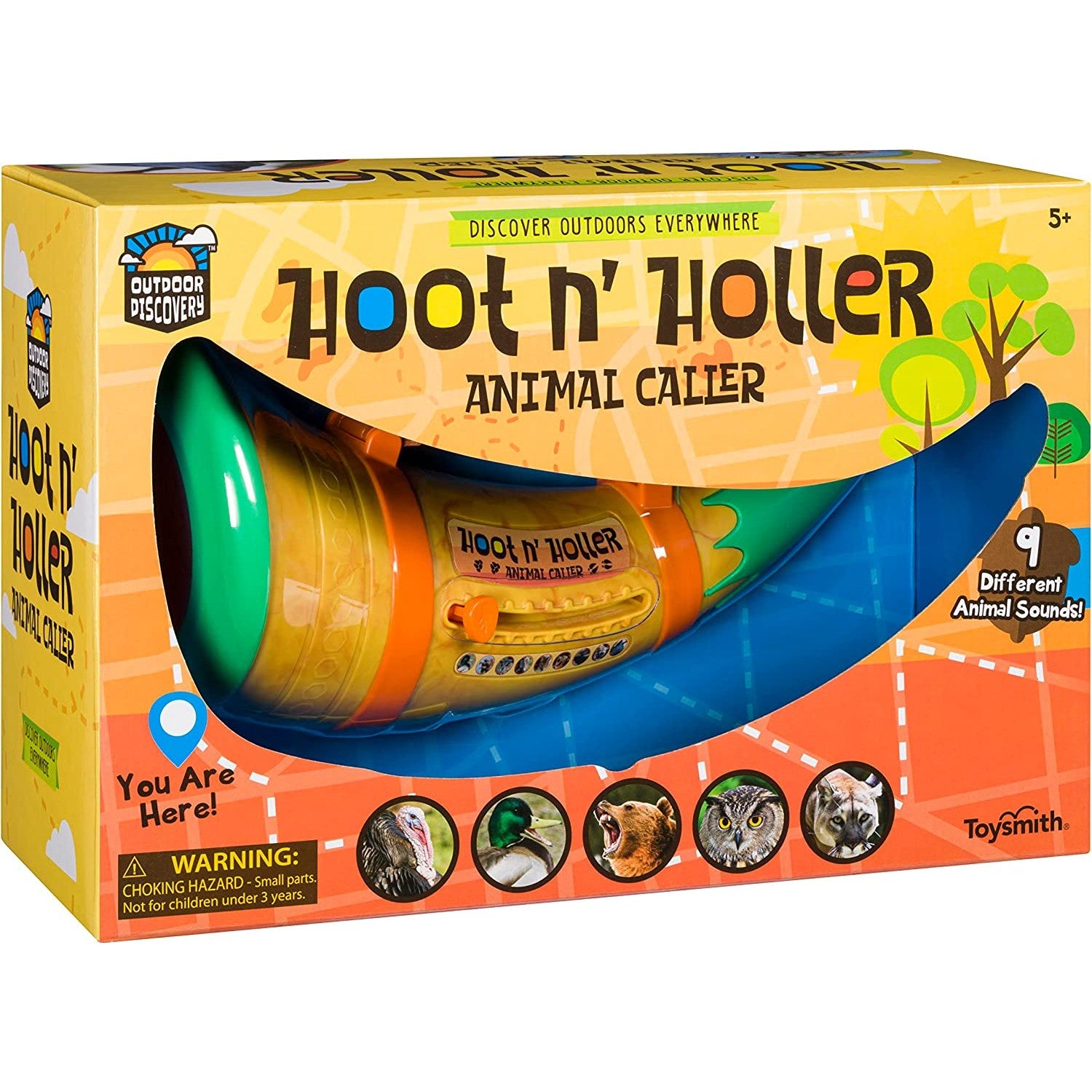 A kids hoot n'holler animal caller toy in its box. There is text which says, '9 different animal sounds.'