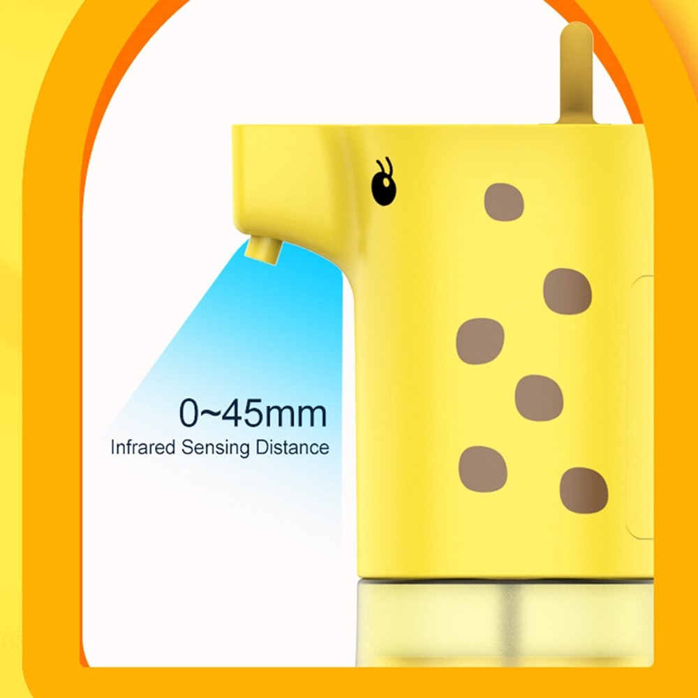 A kids soap dispenser which looks like a cartoon giraffe. There is a graphic which shows the infrared sensor distance of the nozzle which says 0 to 45 mm.