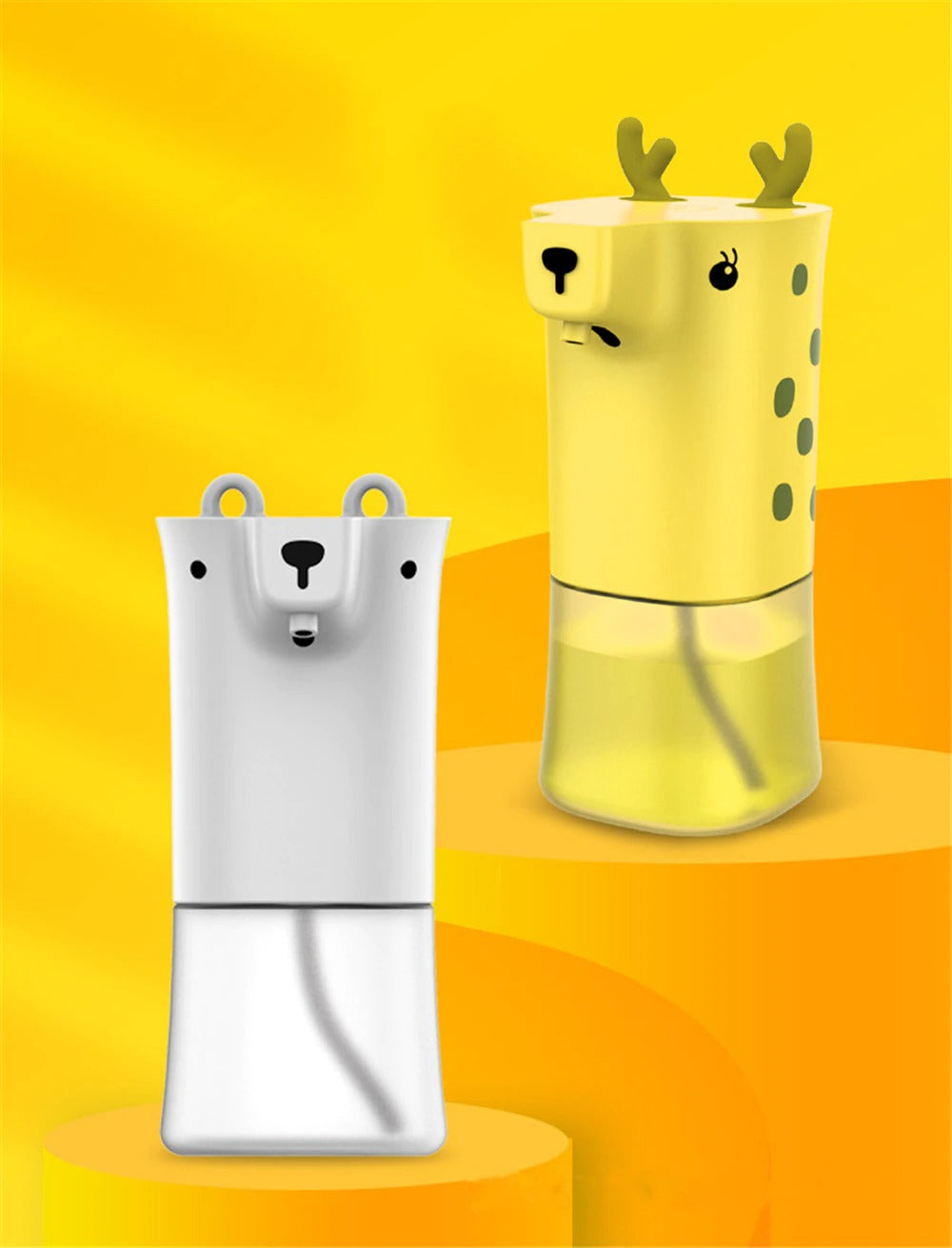 A pair of kids soap dispenser, one which looks like a cartoon giraffe and the other is white.  The background is orange and yellow.