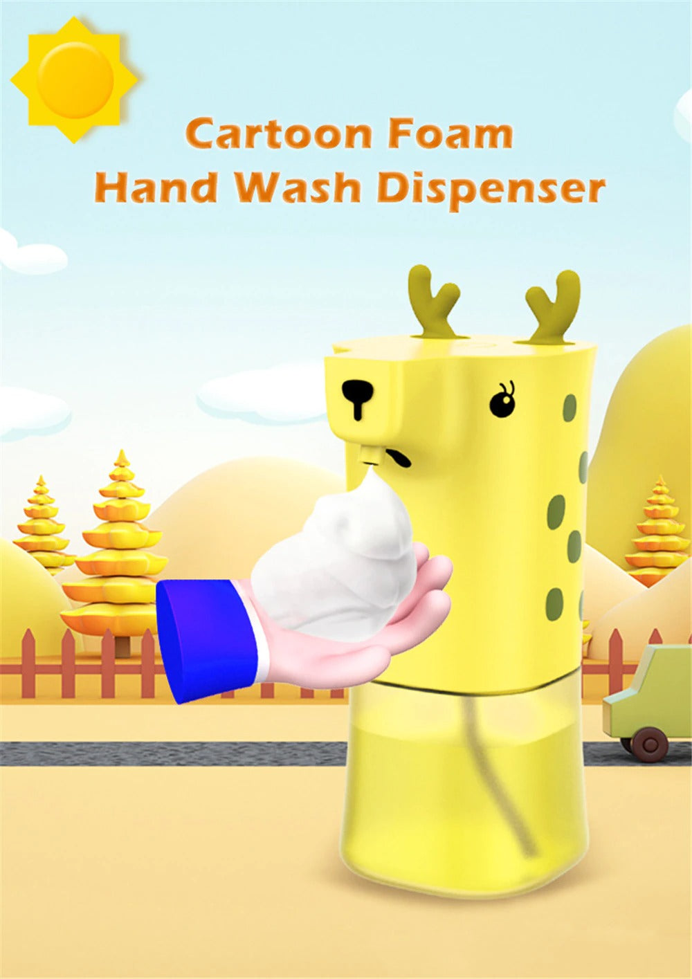 A kids soap dispenser which looks like a cartoon giraffe. There is also an emoji style hand under the nozzle which shows foam being dispensed. There is text which reads, ‘cartoon foam hand wash dispenser.' The background shows a cartoon style fence and trees.