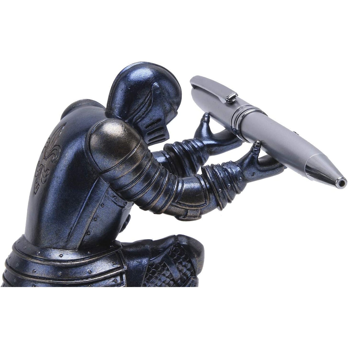 A close up view of a knight pen holder holding a silver pen.