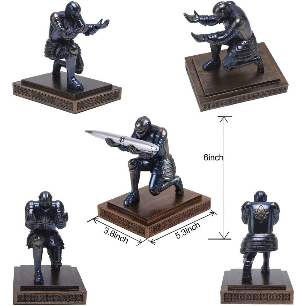 A collage of five images of a knight pen holder also showing measurments. Size measurements are 6 inches in height, 3.8 inches in length and 5.3 inches in depth.