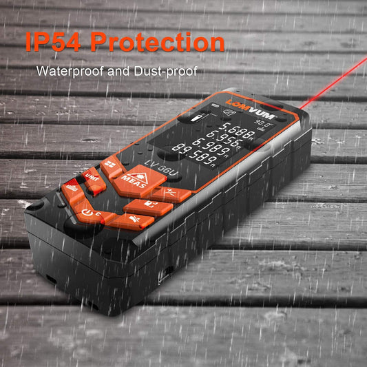 A laser tape measure on a wooden desk while its raining. There is text which reads 'Waterproof and dust proof. IP54 protection'