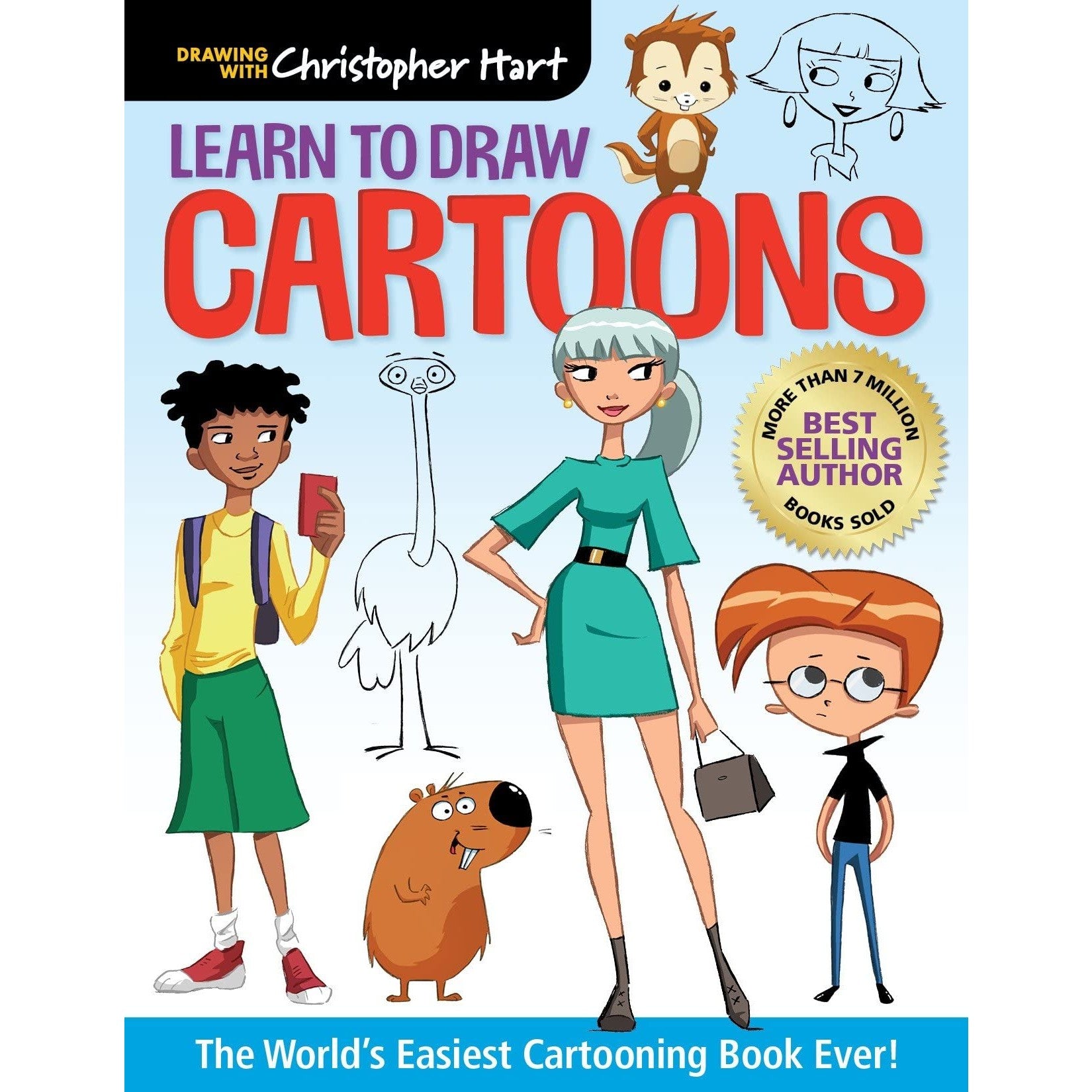 A cover of a book titled, 'Learn to Draw Cartoons' by Christopher Hart