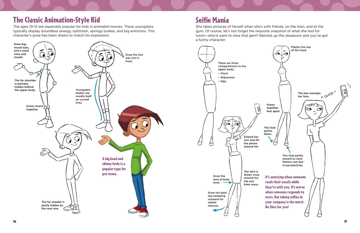 Two examples of pages from a book called, 'Learn to draw cartoons.' Various illustrations show you how to draw a male and female cartoon character.