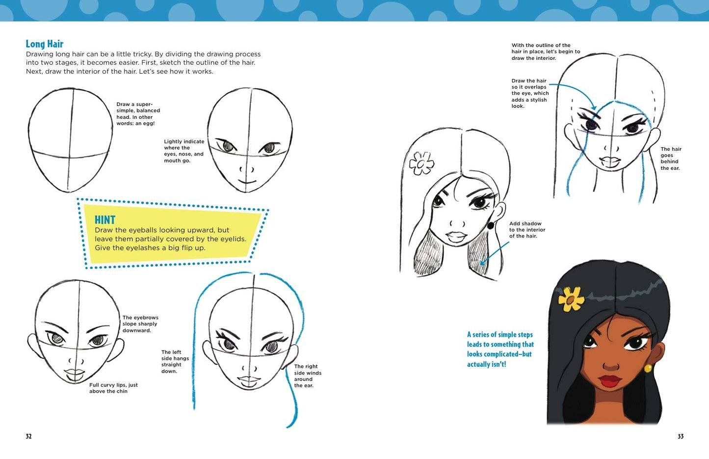 Two pages from a book titled, 'Learn to draw cartoons.' There are various illustrations and directions on how to draw a woman's cartoon face.