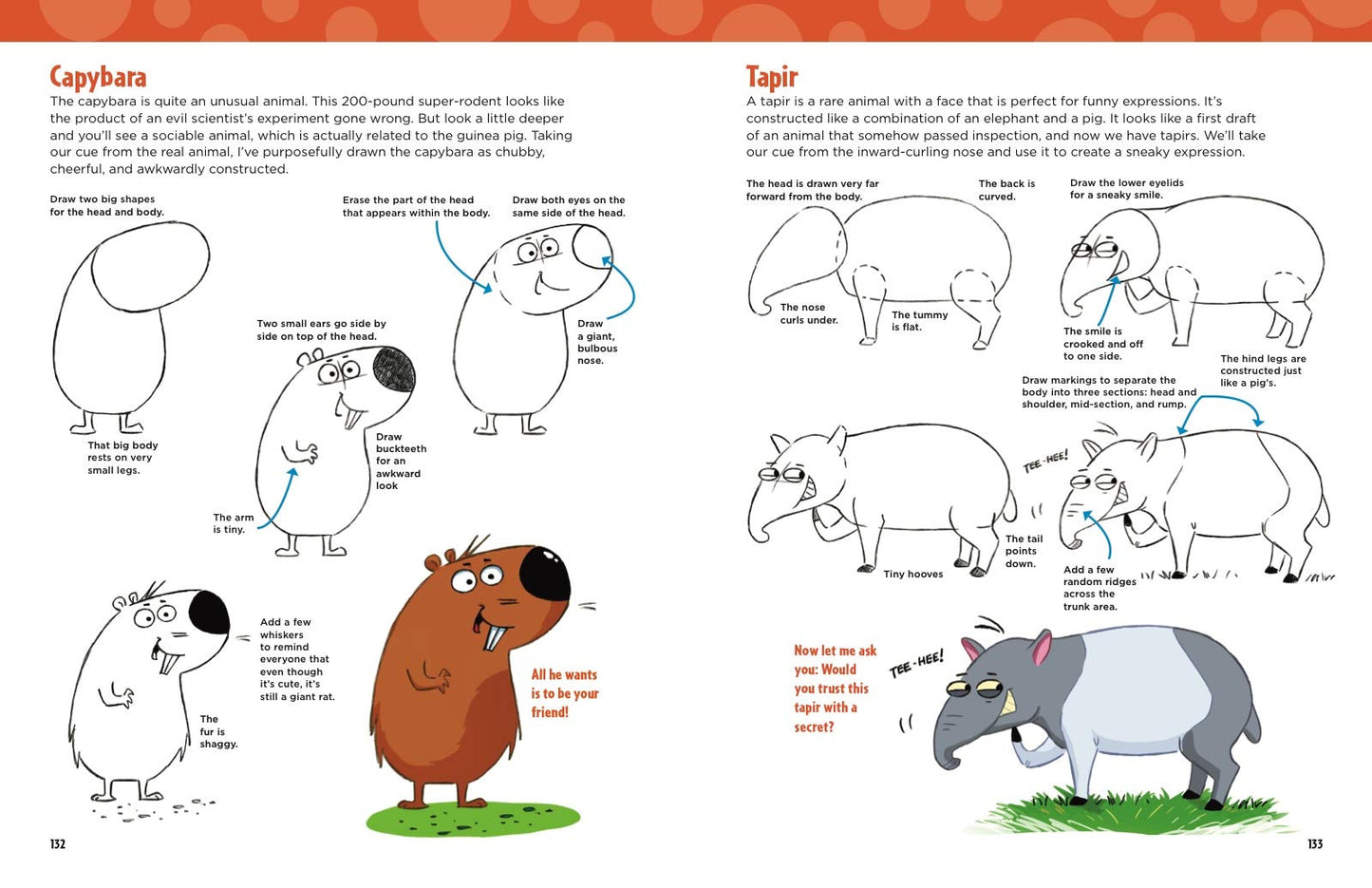 Two pages from the book called,' Learn to draw cartoons.' There are instructions and detailed diagrams on drawing two different types of animals.