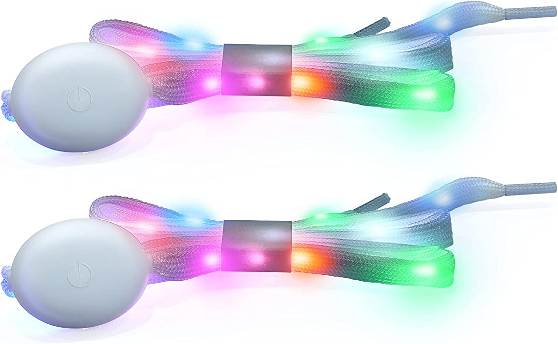 A close-up view of a pair of multi-colored LED light up show laces.