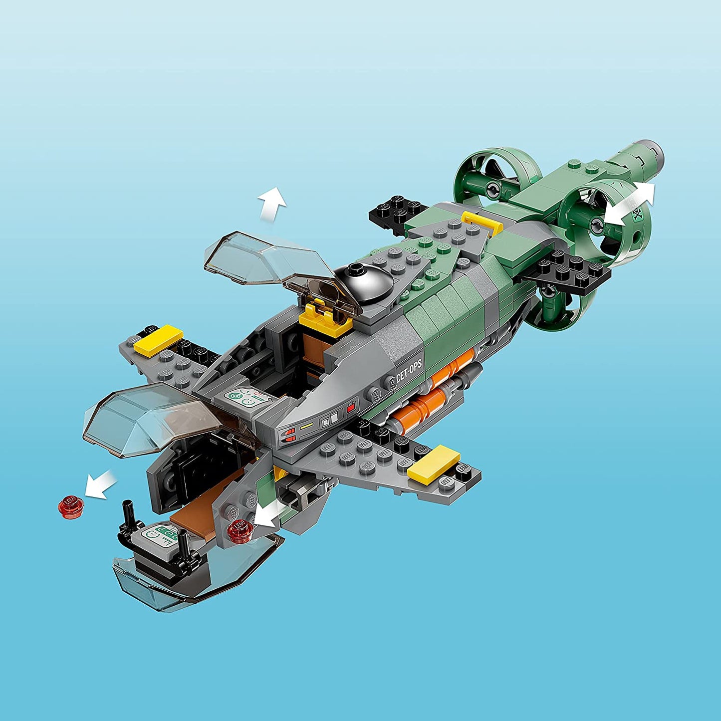 A submarine built from Lego from the Avatar: The Way of Water Lego building set.