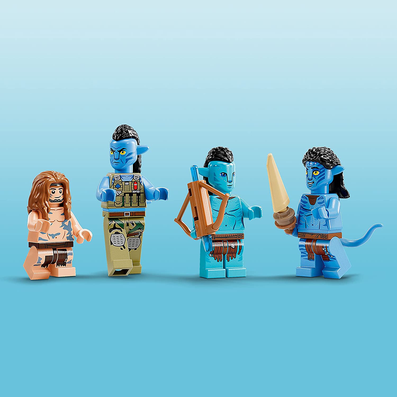 Four Lego figurines which are included with the Avatar: The Way of Water Lego building set.