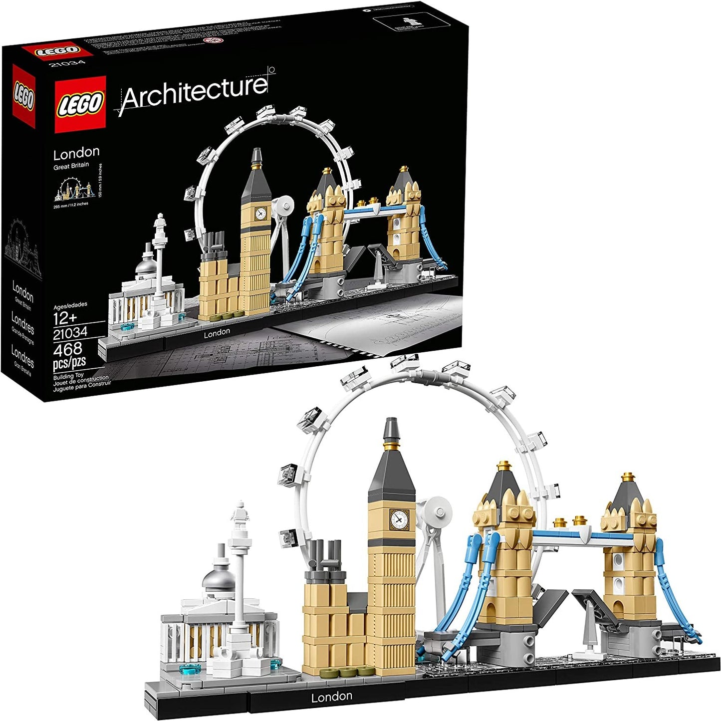 A Lego building set which allows you to build the UK's London skyline. There is a completed model sitting in front of the box the kit comes in.