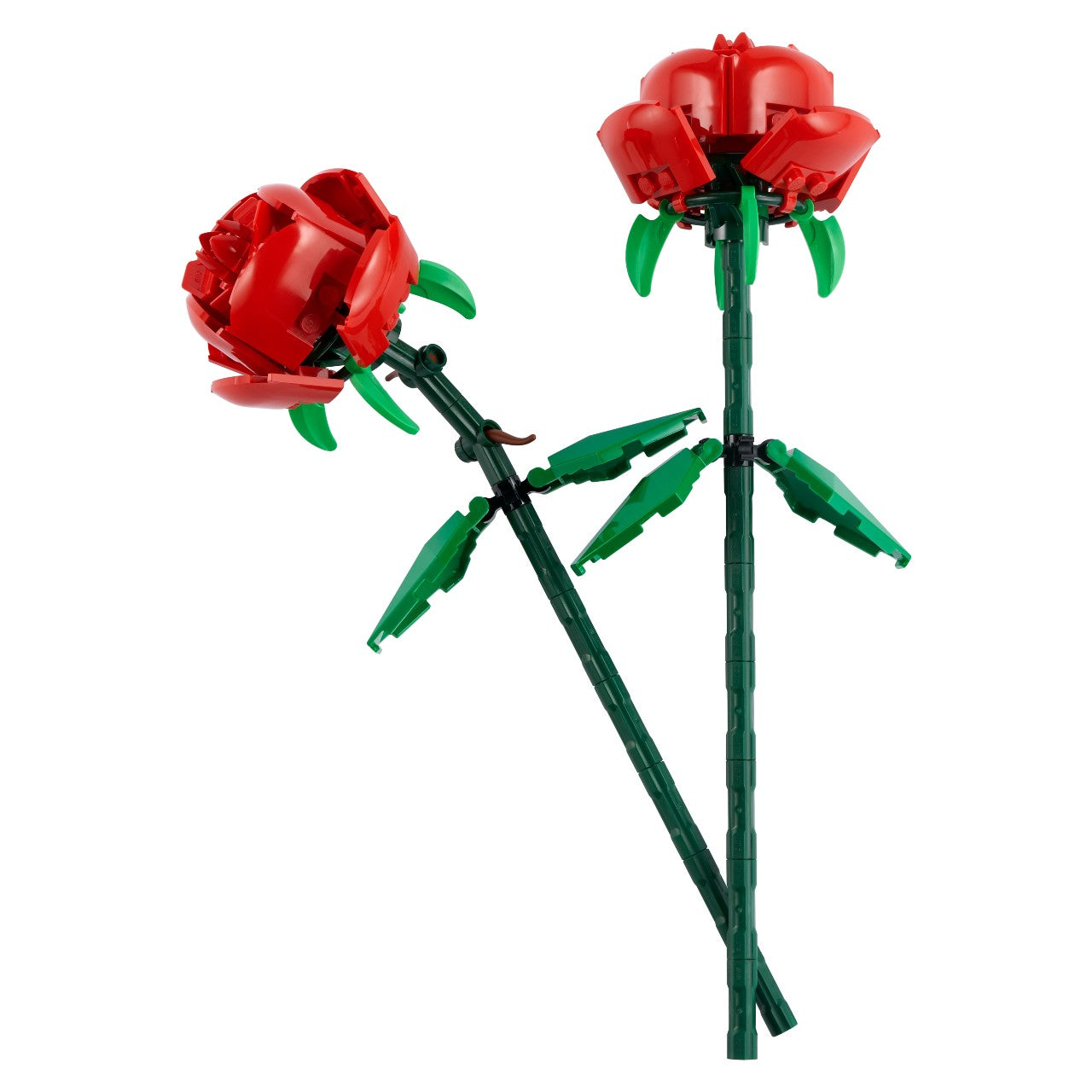 Two red roses with leaves and stem built from Lego.