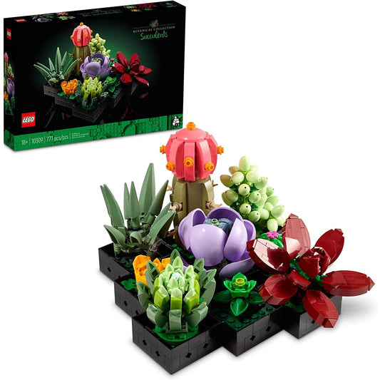 A colorful Lego succulents building kit for adults plus the product box.