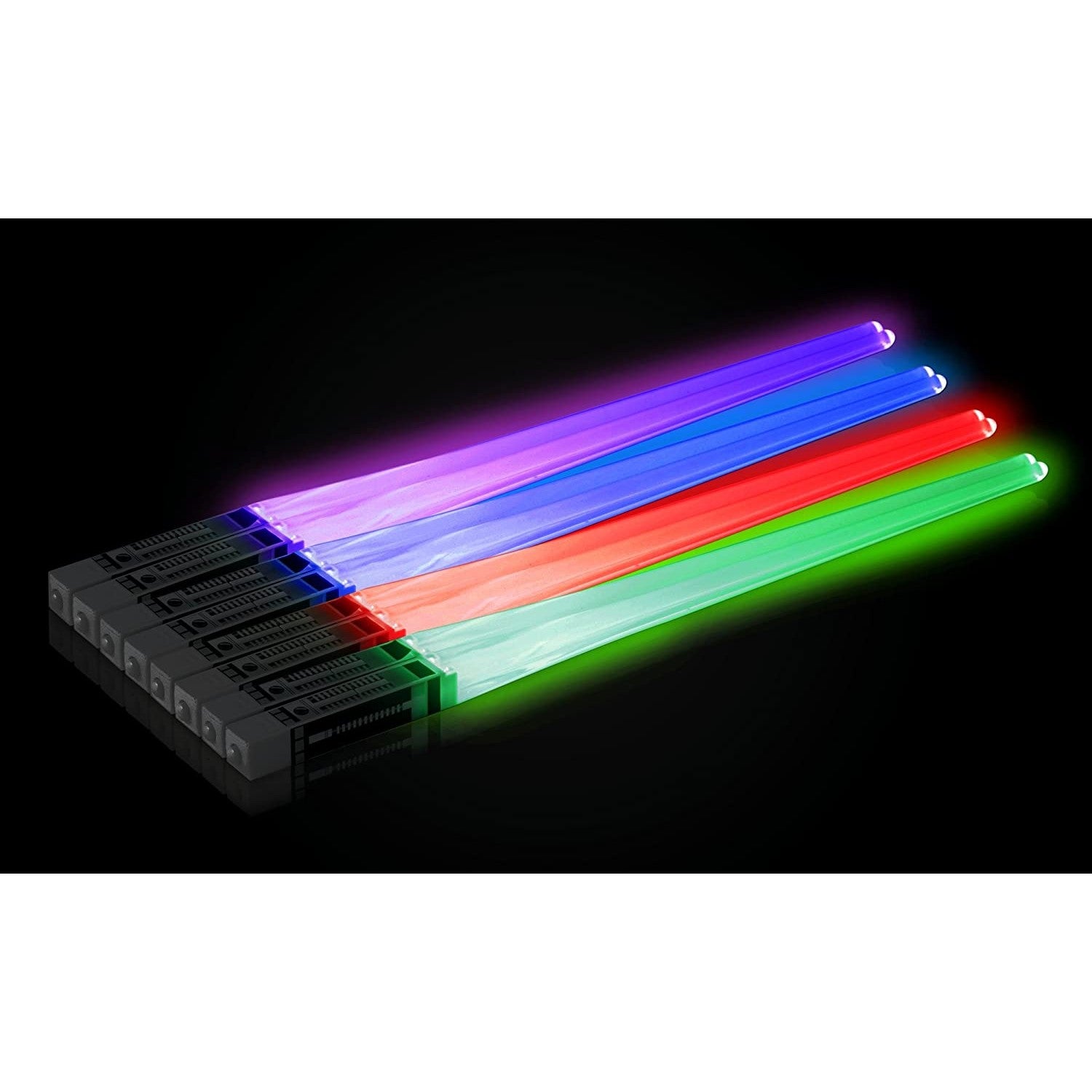 Four sets of lightsaber Star Wars light-up chopsticks. The chopsticks are lit-up and the colors are purple, blue, red and green.