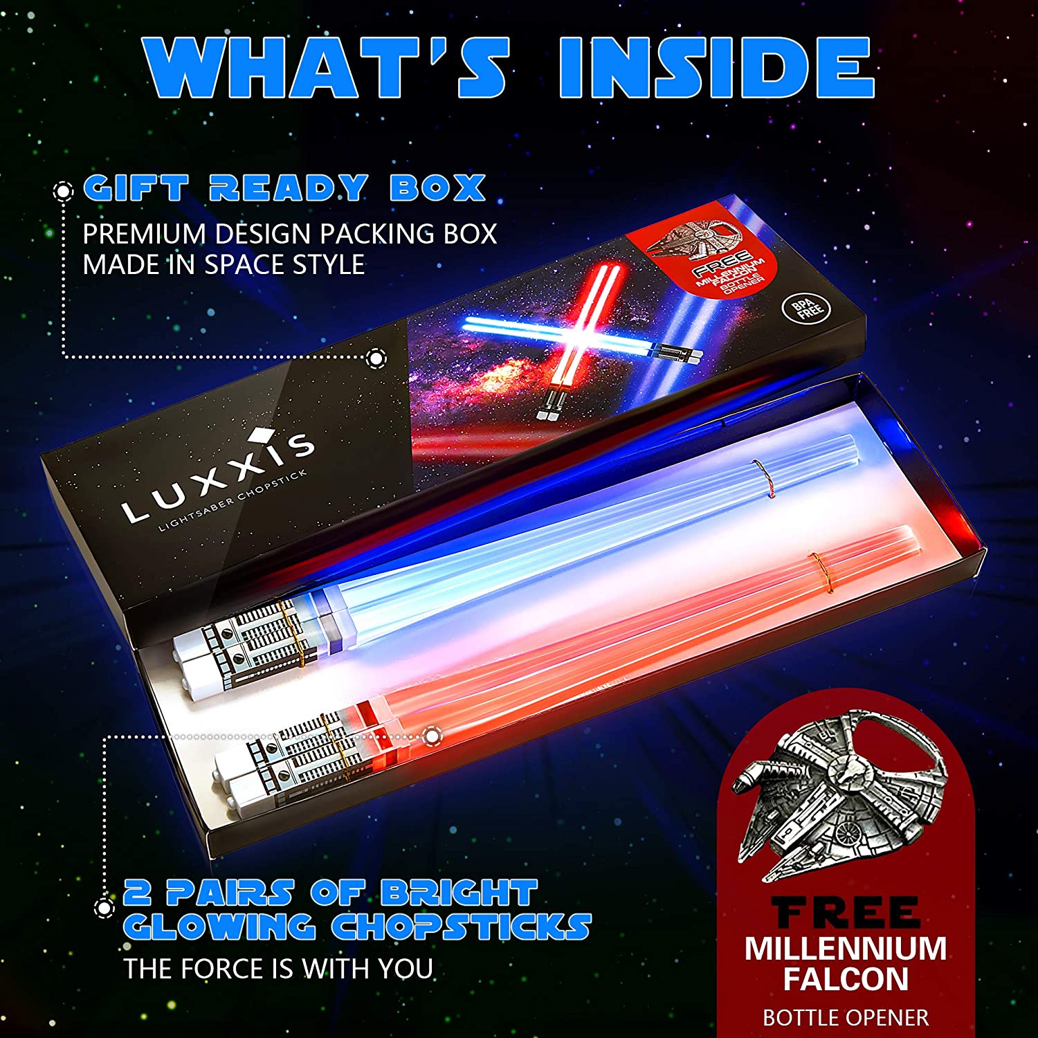 A look inside the box of a set of Lightsaber Star Wars chopsticks. There is text which reads, 'What's Inside. Gift ready box. 2 pairs of bright glowing chopsticks. The force is with you. Free Millennium Falcon bottle opener.'