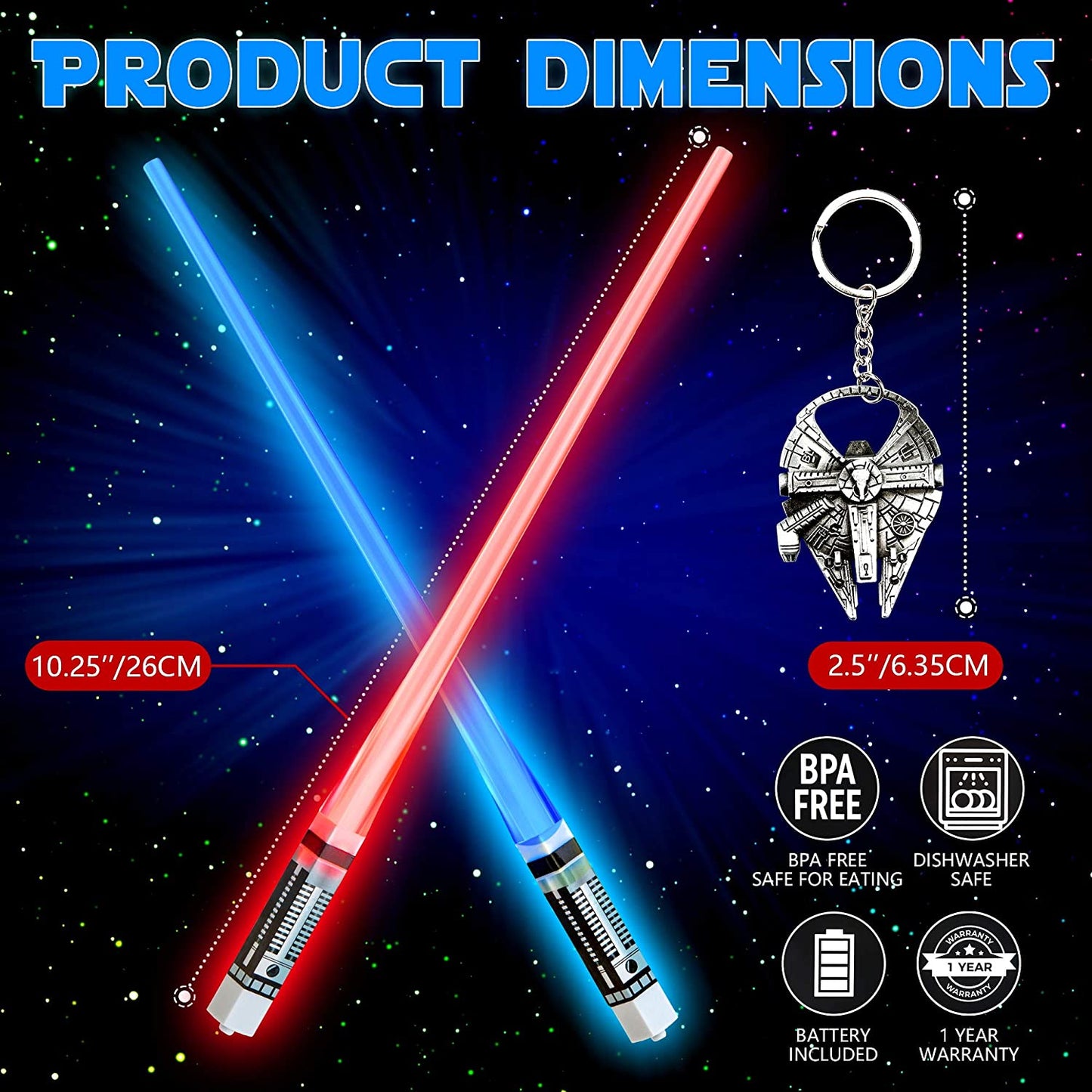 Product dimensions for Star Wars lightsaber chopsticks. They have a measurement of 26cm. There is text which says, 'BPA free. Dishwasher safe. Battery included. 1 year warranty.'