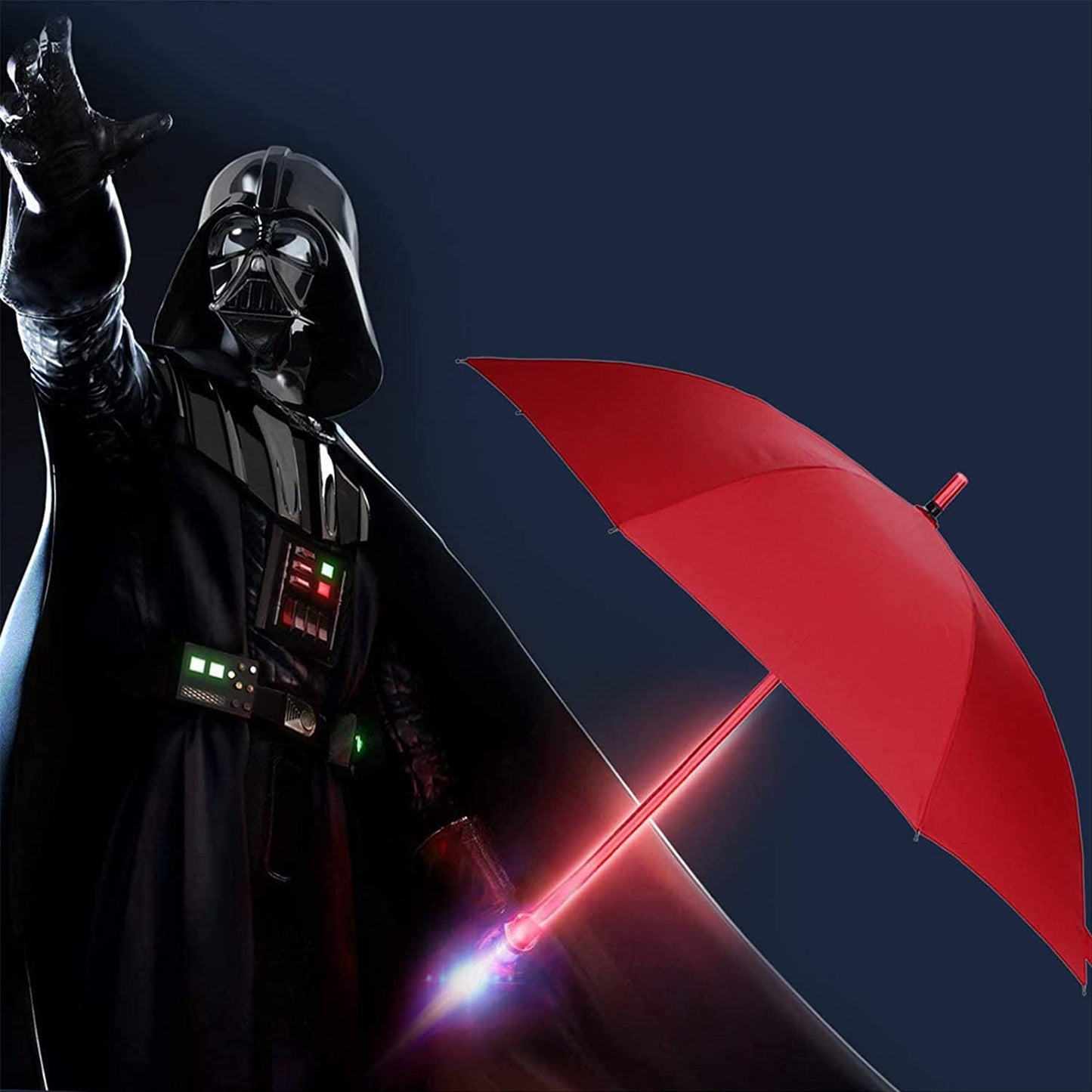 Darth Vader is pointing at the sky while holding a red colored LED lightsaber umbrella.