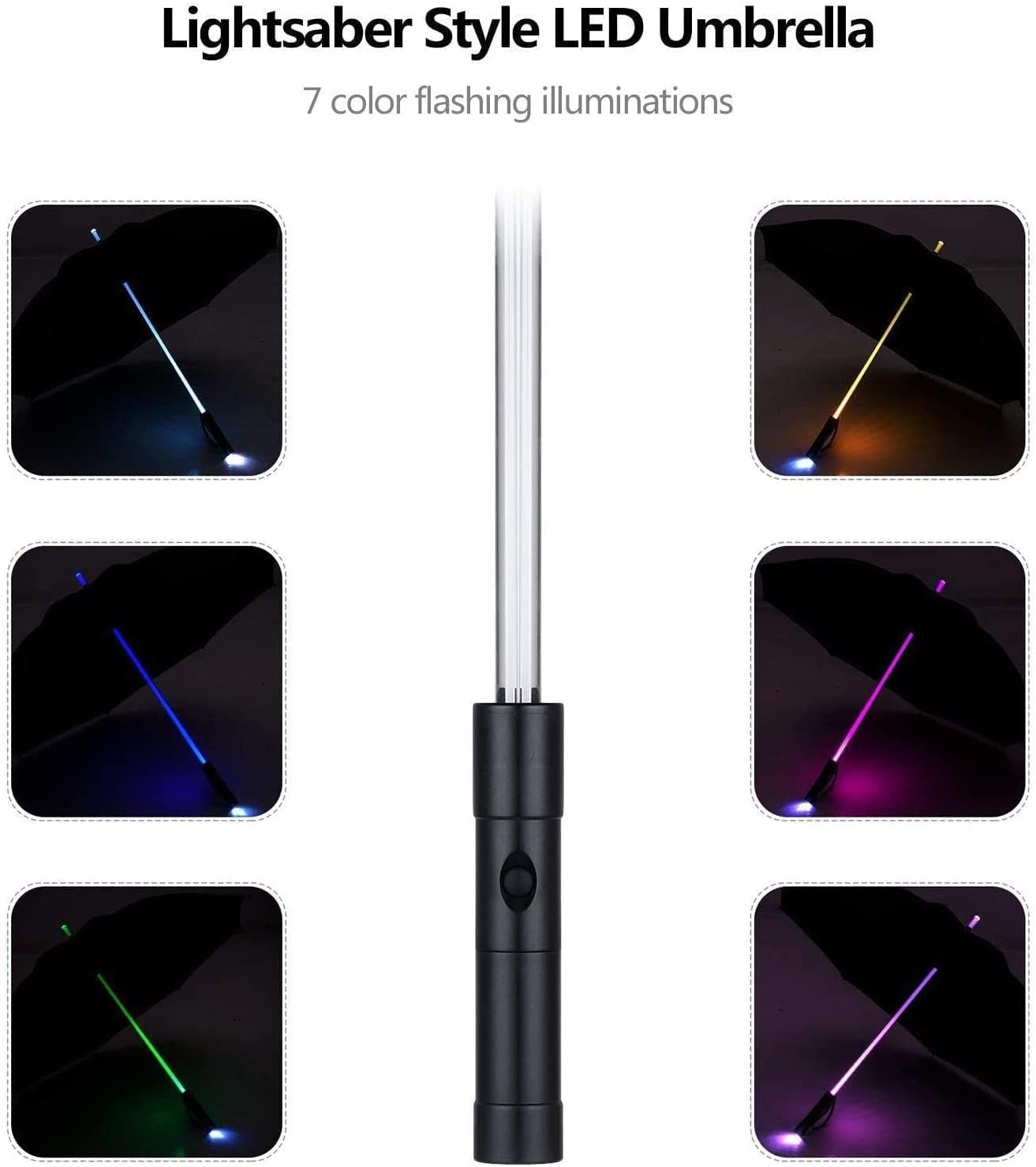 A collage of 6 images which shows the 6 colors available for the lightsaber LED umbrella.