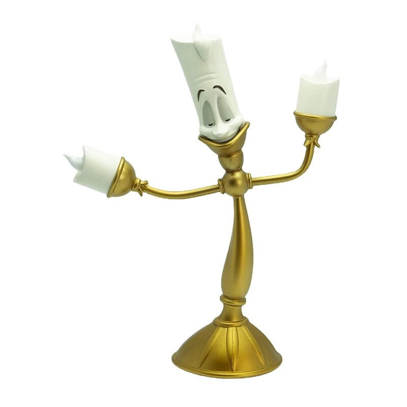 A Lumiere from Beauty and the Beast candlestick. He has a funny face and appears to be swaying as he holds 2 candles and has one on his head.