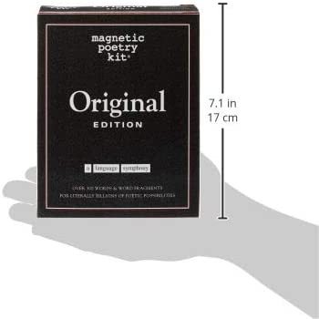 Size measurements for the magnetic poetry kit original edition. The height of the box is 17cm.