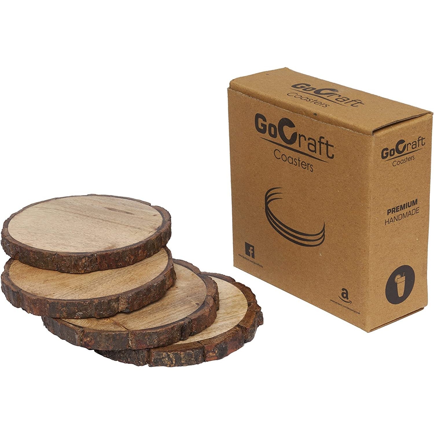 Four drink coasters made of wood plus the packaging box for the coasters.