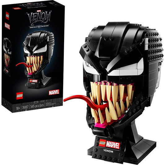 A Lego Venom building set. There is a fully complete and built version of the model in front of the box the model comes in.