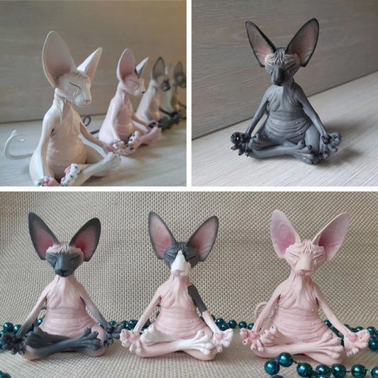 A collage of 3 pictures. All 3 pictures feature meditating Sphynx toy cats sitting in yoga poses with their legs crossed and fingers pinched as if they are meditating. There are 8 meditating Sphynx in total across all 3 images.