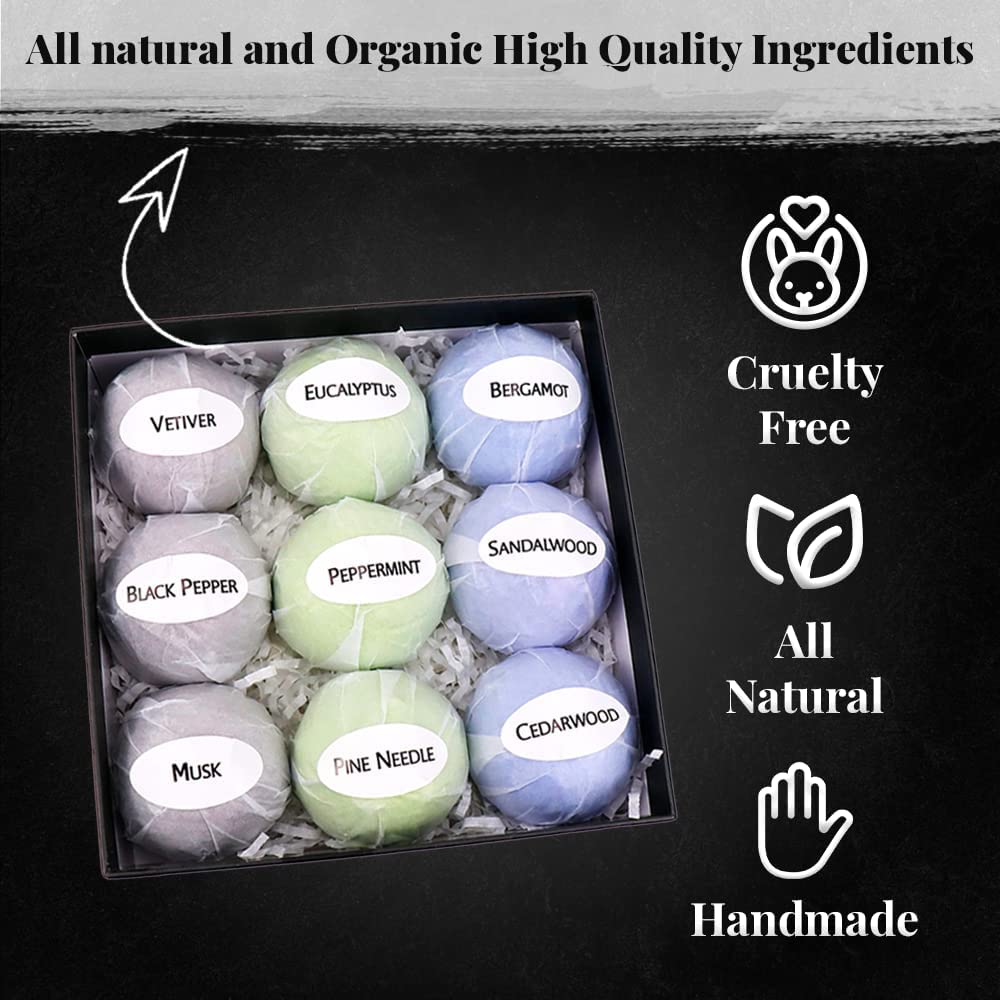 A box of 9 different scented bath bombs for men. There is text which reads, 'All natural and organic high quality ingredients. Cruelty free, all natural, handmade.'