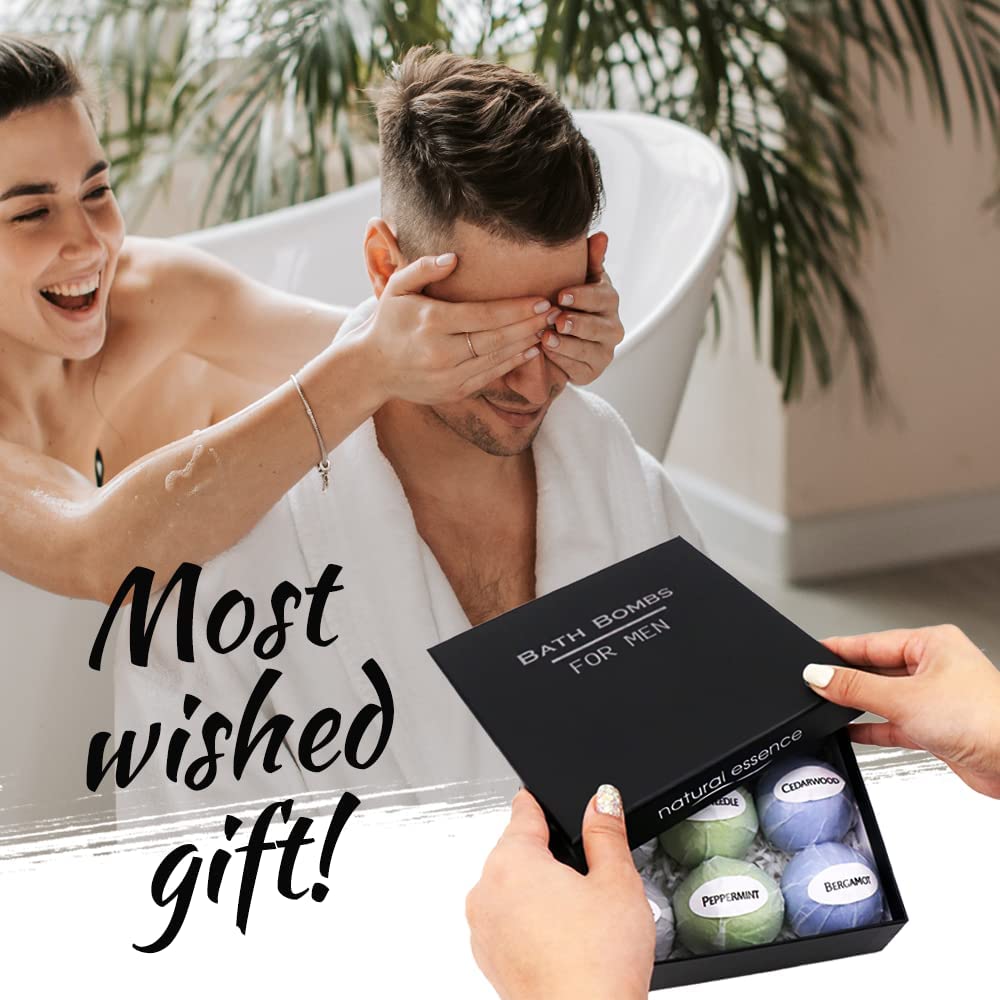 A pair of hands are removing the lid from a box set of bath bombs for men. There is also a woman with her hands over a mans eyes about to surprise him with a gift. There is text which reads, 'Most wished gift.'