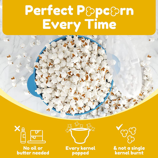 A collapsible silicone popcorn popper with freshly made popcorn inside. There is text which says, 'Perfect popcorn every time, no oil or butter needed, every kernel popped, and not a single kernel burnt.'